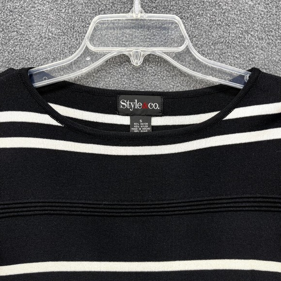 Style & Co Top sweater Woman Small S Black white stripe stretch knit round neck - Picture 3 of 12